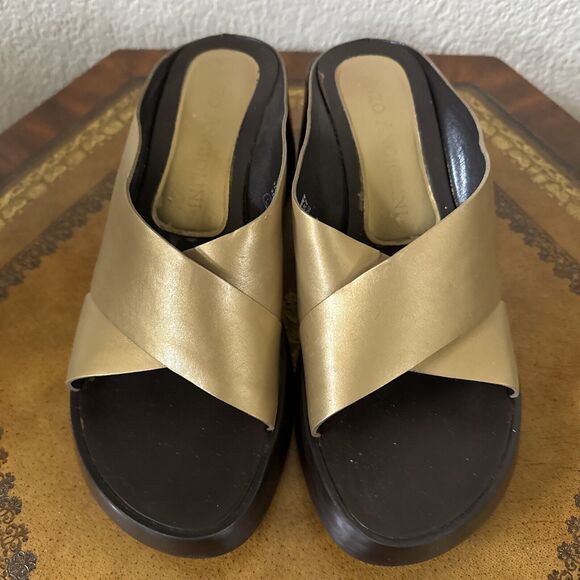 Y2K Enzo Angiolini Womens Gold Brown Leather Chunky Heel Platform Sandals Size 8 - Picture 3 of 8
